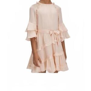 REISS Girls Size 11-12Y Light Pink Ruffle Hem and Sleeves Dress with Belt